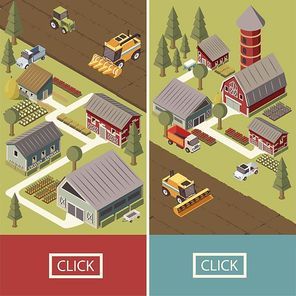 Isometric vertical banners with farm vehicles cultivated lands agricultural buildings garden beds and tracks isolated vector illustration