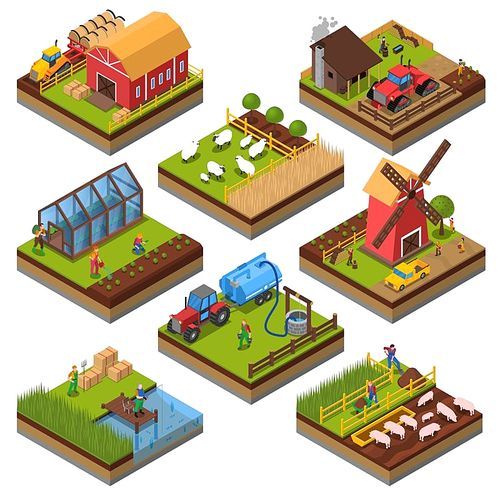Agricultural compositions isometric set with farm buildings and vehicles livestock and fishing cultivated lands isolated vector illustration