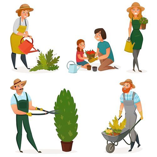 Colored gardening hobby icon set men women and children work in the garden vector illustration