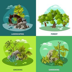 Landscape gardening 4 flat icons concept with forest tropical trees and front yard compositions isolated vector illustration