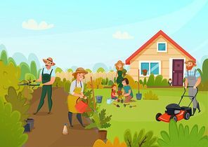 Gardening colored cartoon composition men and women are busy cleaning the garden vector illustration