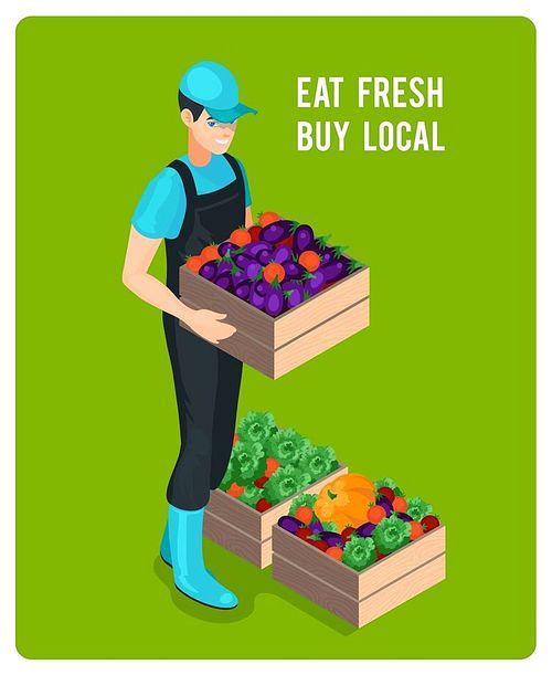 cheerful isometric grocer with organic fresh  healthy vegetables in wooden boxes isolated vector illustration