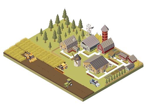 Farm buildings agricultucal vehicles and cultivated fields garden beds and trees tracks and fence isometric vector illustration