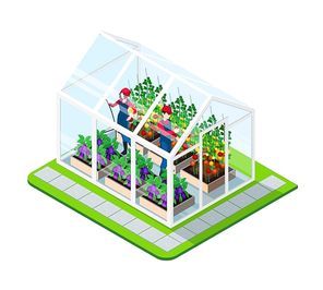 Greenhouse isometric concept with flowers and working people inside building isolated vector illustration