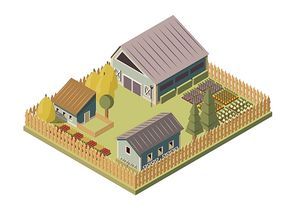 Ranch isometric layout with barn and sheds stacks of hay garden beds and wooden fence vector illustration