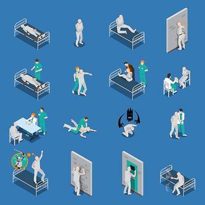 Isometric set with mental patients on couches and with medical staff on blue background isolated vector illustration