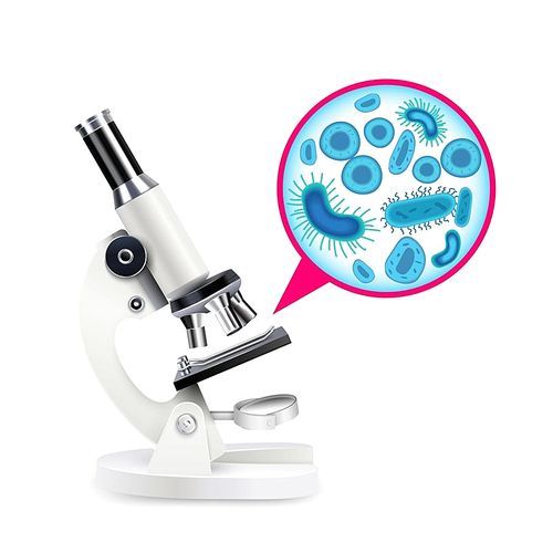 White realistic microscope composition with scientific instrument and multiply magnified cells vector illustration