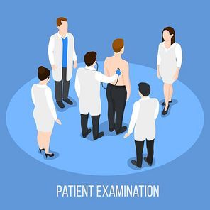 Isometric people doctor composition with human characters of health care personnel and patient examined with stethoscope vector illustration