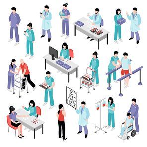 Docters physicians nurses physiotherapist and laboratory assistent attending patients in hospital isometric icons collection isolated vector illustration