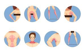 Depilation hair removal zones for men and women cartoon style blue background round icons set isolated vector illustration
