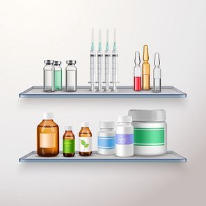 Medical drugs realistic composition with two vitreous shelves and various medication for vaccination and internal use vector illustration