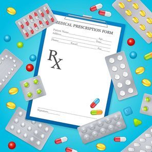 Medical prescription form realistic background poster with aluminum foil drugs pills packages and separate tablets vector illustration
