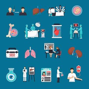 Transplantation decorative icons set on blue background with human and artificial organs donor card operating doctors flat vector illustration
