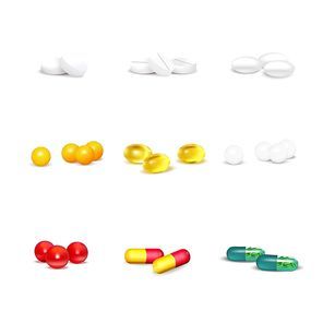 3D set of pills and capsules of various shapes and colors on white background isolated vector illustration
