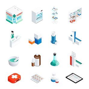 Set of isometric icons with pharmacy building and interior elements medication and recipe isolated vector illustration