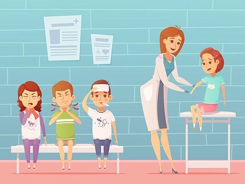 Child diseases at doctors office composition with ill cartoon characters of suffering children and female pediatrician vector illustration