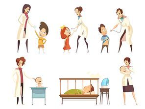 Ill babies children patients treatment in hospital retro cartoon situations icons set with nurses isolated vector illustration