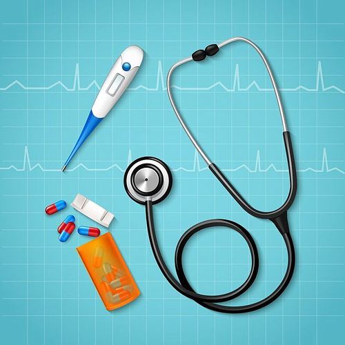 Realistic medical equipment composition with binaural stethoscope pills pack and thermometer on cardiac waveforms clinical background vector illustration