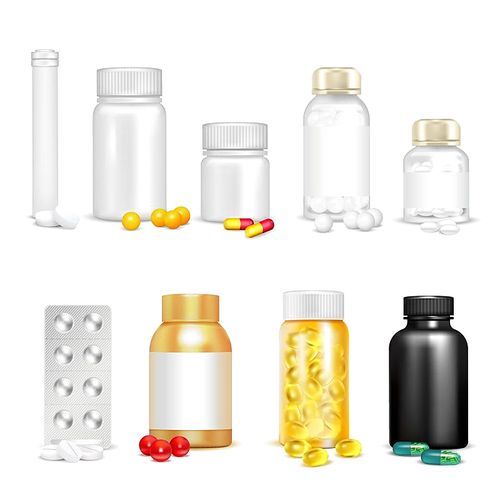 3D set of vitamins in pills and capsules in plastic containers and blister packaging isolated vector illustration