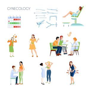 Colored and isolated gynecology flat icon set with instruments attributes family planning with a doctor vector illustration