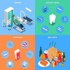 Dentistry 2x2 design concept with dentist equipment healthy and bad teeth square compositions isometric vector illustration