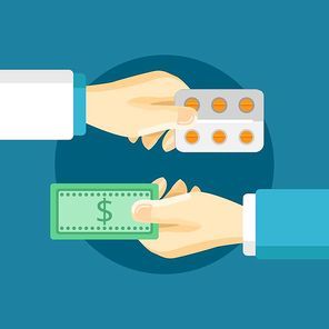 Medications purchase composition with two hands buyer and seller in flat style vector illustration