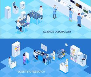 Science laboratory horizontal isometric banners with people carrying technological research on blue background isolated vector illustration
