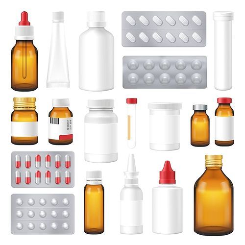 Pharmaceutical packages selection of glass and plastic bottles pills push through foil realistic images set vector illustration