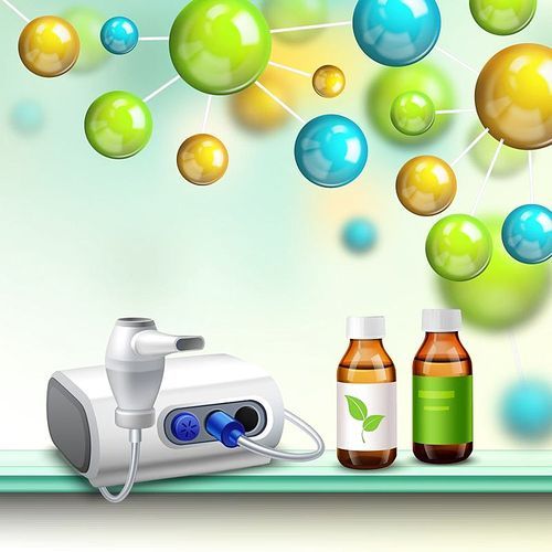 Medical realistic composition with heat gun botanical medication mixtures on shelf and colorful glossy molecules above vector illustration