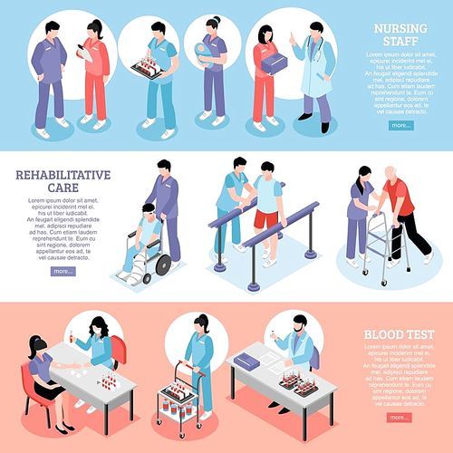 Hospital information online 3 isometric banners with staff nurses at rehabilitation center and blood test vector illustration