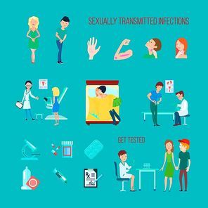 Colored flat and isolated sexual health diseases icon set with different infections symptoms and methods of treatment vector illustration