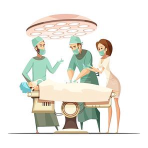 Surgery design in cartoon retro style with operating lamp medical staff and patient on table vector illustration