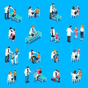 Set of isometric icons with child diseases pediatricians and parents on blue background isolated vector illustration