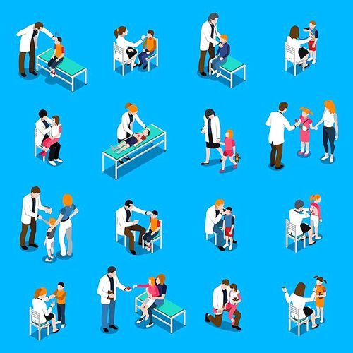 Set of isometric icons with child diseases pediatricians and parents on blue background isolated vector illustration