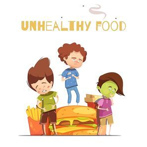 Unhealthy junk food harmful effects warning retro cartoon poster with hamburger and sick looking children vector illustration