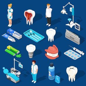 Isometric dentist icons collection with isolated medical personnel characters dental care supplies drilling machines and equipment vector illustration