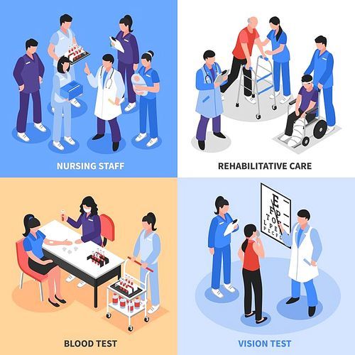 Hospital staff concept 4 isometric icons square with vision blood tests and rehabilitation nurses isolated vector illustration