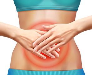 Slim woman suffering from abdominal pain realistic vector illustration