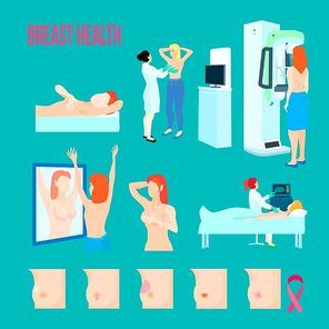 Colored flat and isolated breast disease icon set with different disease and ways to treat and recognize disease vector illustration