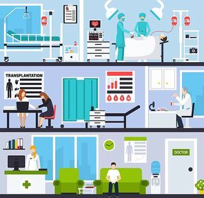 Transplantation horizontal compositions with patients and doctors in hospital interiors and operating room flat vector illustration