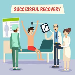 Hospital ward successful recovery scene with doctor assistent nurse and patient poster flat comic orthogonal vector illustration