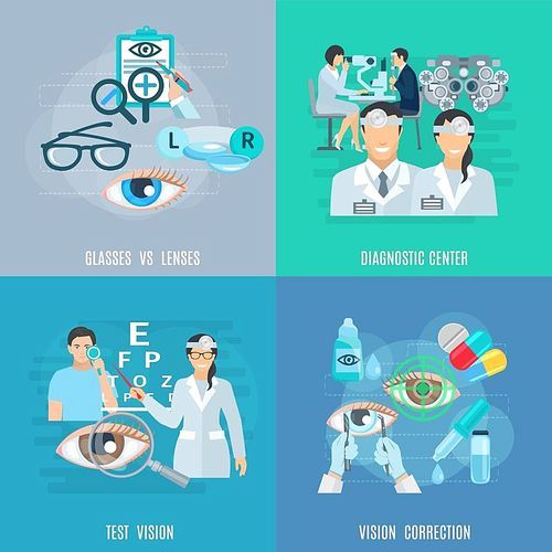Oculist ophthalmic diagnostic center equipment for vision test and correction 4 flat icons square abstract isolated vector illustration