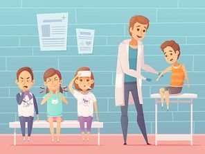 Different child diseases visit composition with cartoon sick children characters having appointment at doctors office interior vector illustration