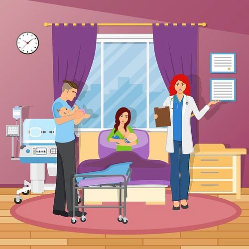 Maternity hospital flat composition with young parents two newborn kids and doctor figurines vector illustration