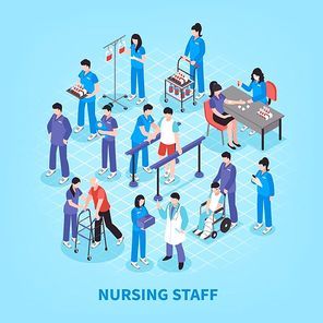 Hospital staff nurses isometric flowchart infographic poster with lab tests rehabilitation and physiotherapy exercises assistants vector illustration