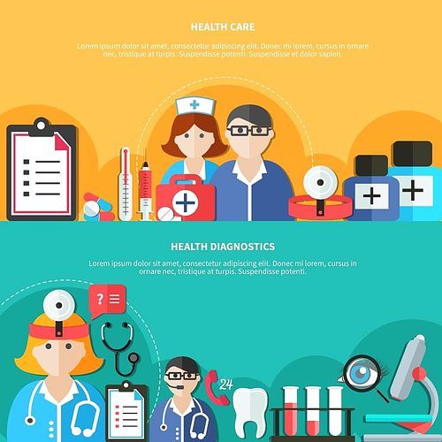 Horizontal flat banners with health care and diagnostics medical staff drugs and equipment isolated vector illustration