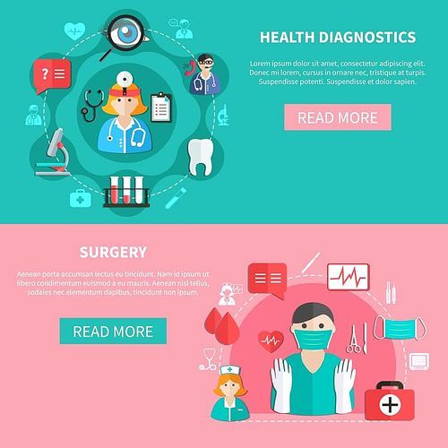 Medicine horizontal flat banners with health diagnostics and surgery on green and pink backgrounds isolated vector illustration
