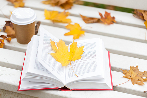season, education and literature concept - open book and coffee cup on bench in autumn park