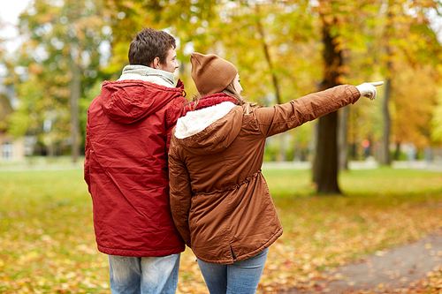 love, relationships, season and people concept - happy young couple walking in autumn park and pointing finger to something