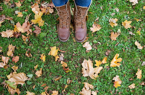 season, footwear and people concept - female feet in boots with autumn leaves on grass